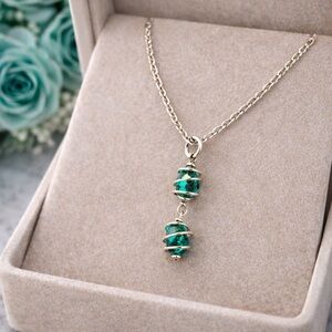 Sterling Silver Venetian Murano Glass Drop Necklace Teal Blue Green Crystal 16”